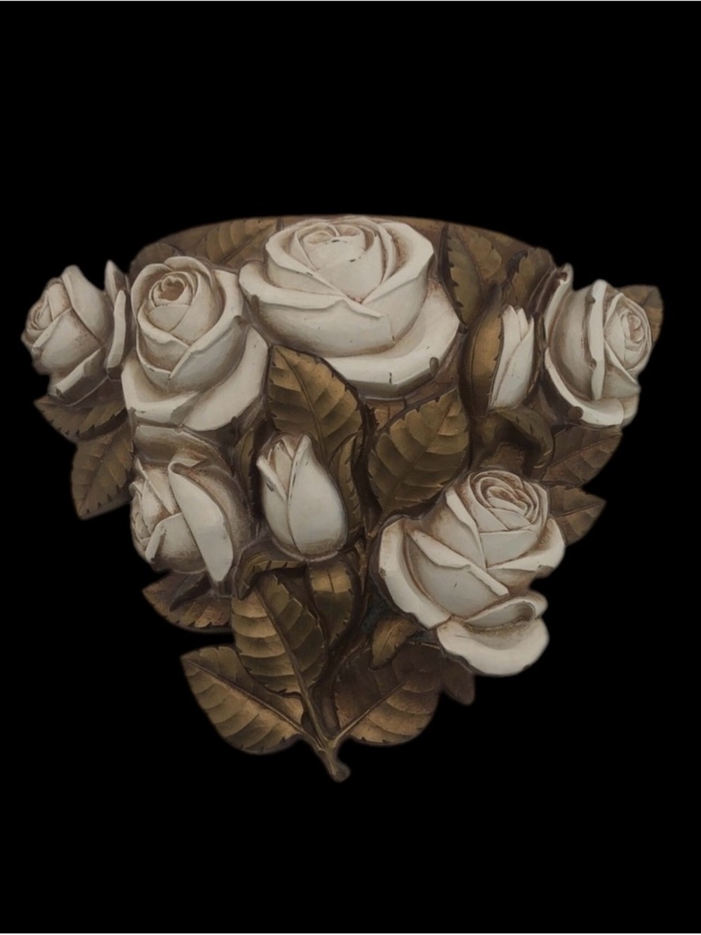 Vintage 1970βs HOLLYWOOD REGENCY Wall Pocket Gold & White ROSE 8 x11 RARE